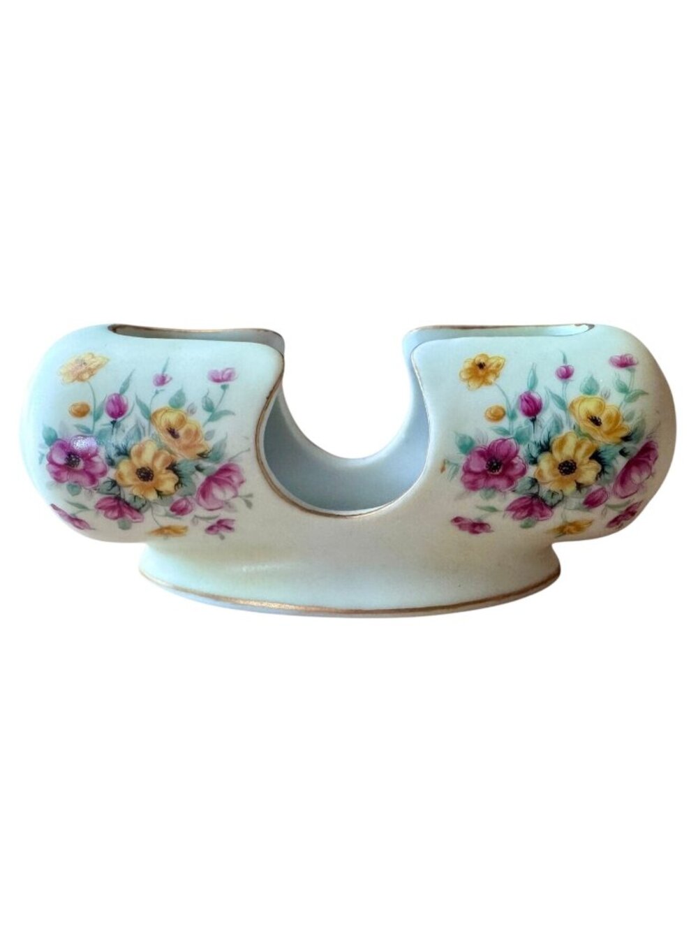 Vintage Lefton China Hand-Painted Floral Double Toothpick Holder With Gold Trim